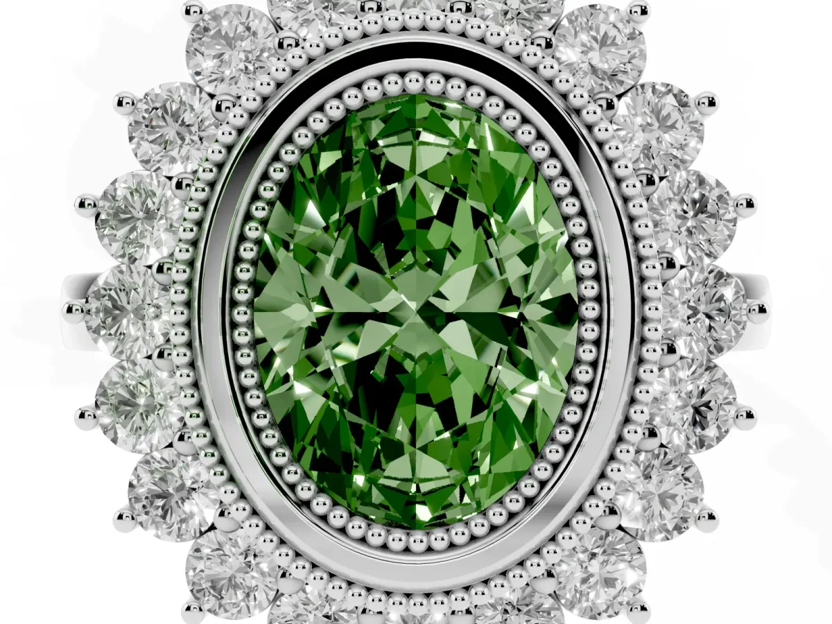 Fancy Green Oval Cut Halo Diamond Ring with Milgrain Edge and Round Prong Setting Silver