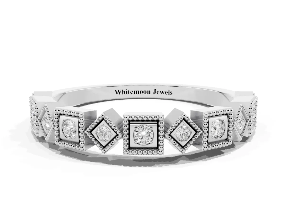 Milgrain Square Diamond Eternity Band with Bezel Setting Silver