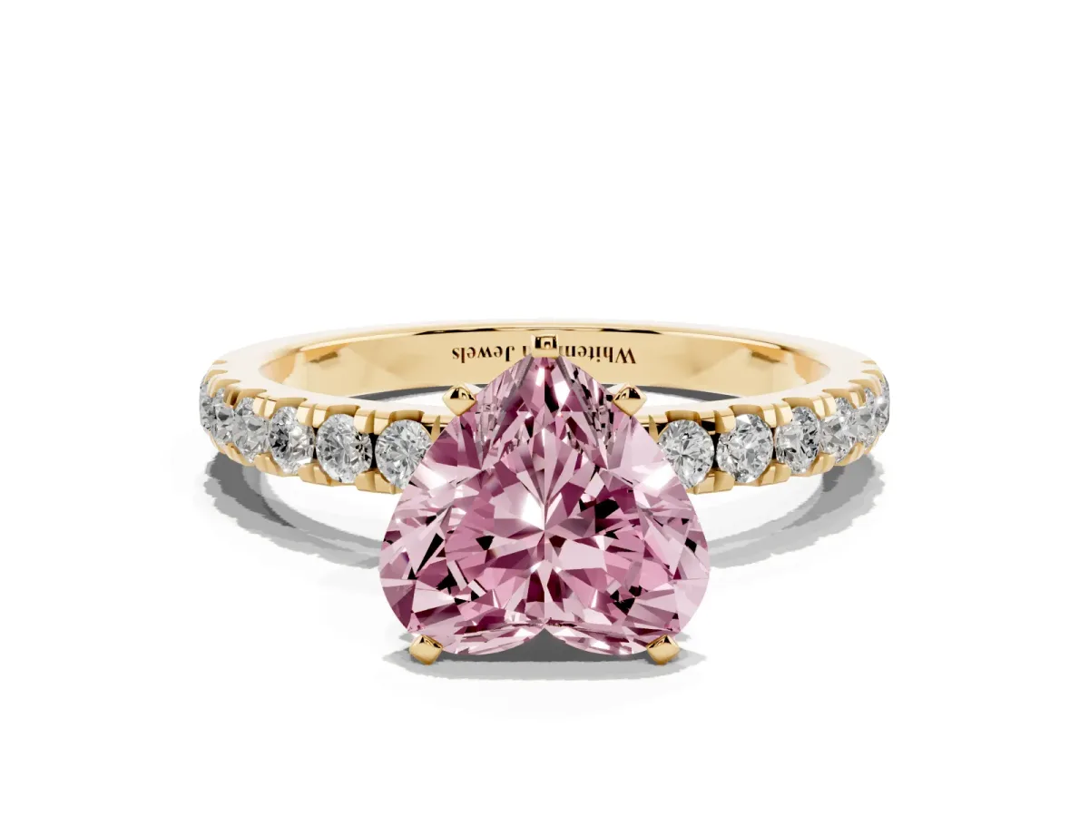 Fancy Pink Heart Cut Diamond Solitaire Ring with Pavé Accents and Four-Prong Setting Yellow gold