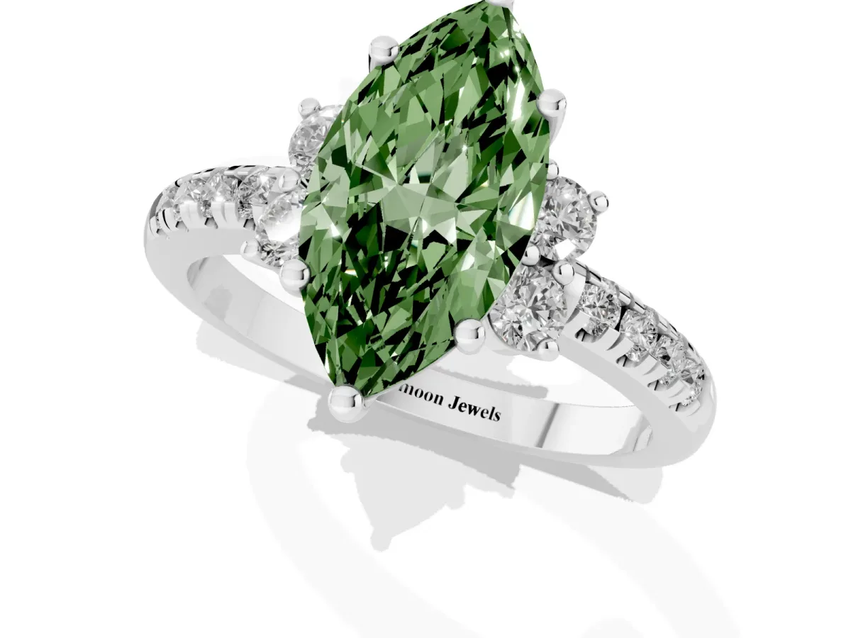 Fancy Green Marquise Cut Diamond Three-Stone Pave Band with Four-Prong Setting Platinum