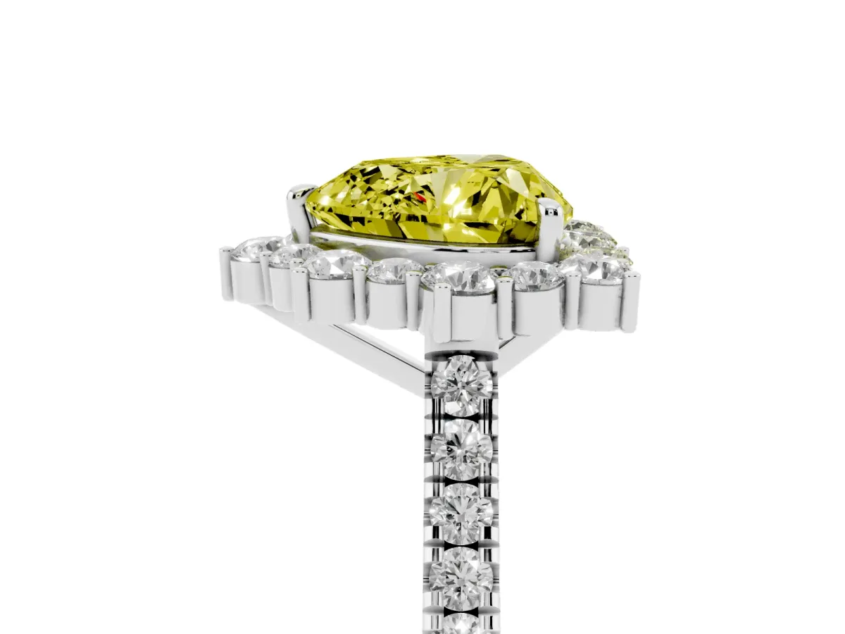 Fancy Yellow Heart Cut Halo Diamond Ring with Pavé Band and Prong Setting Silver