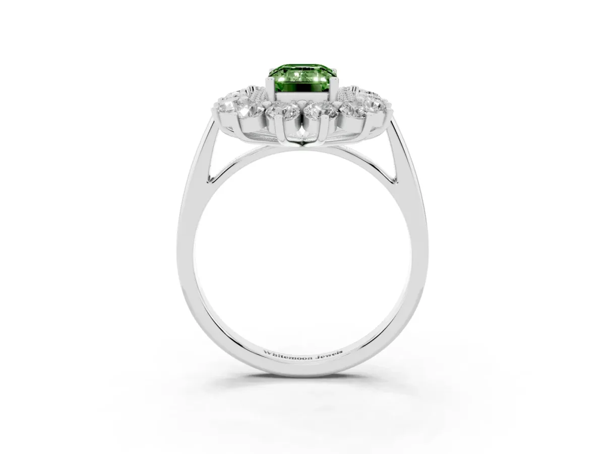 Fancy Green Emerald Cut Diamond Floral Double Halo Engagement Ring with Prong Setting Platinum