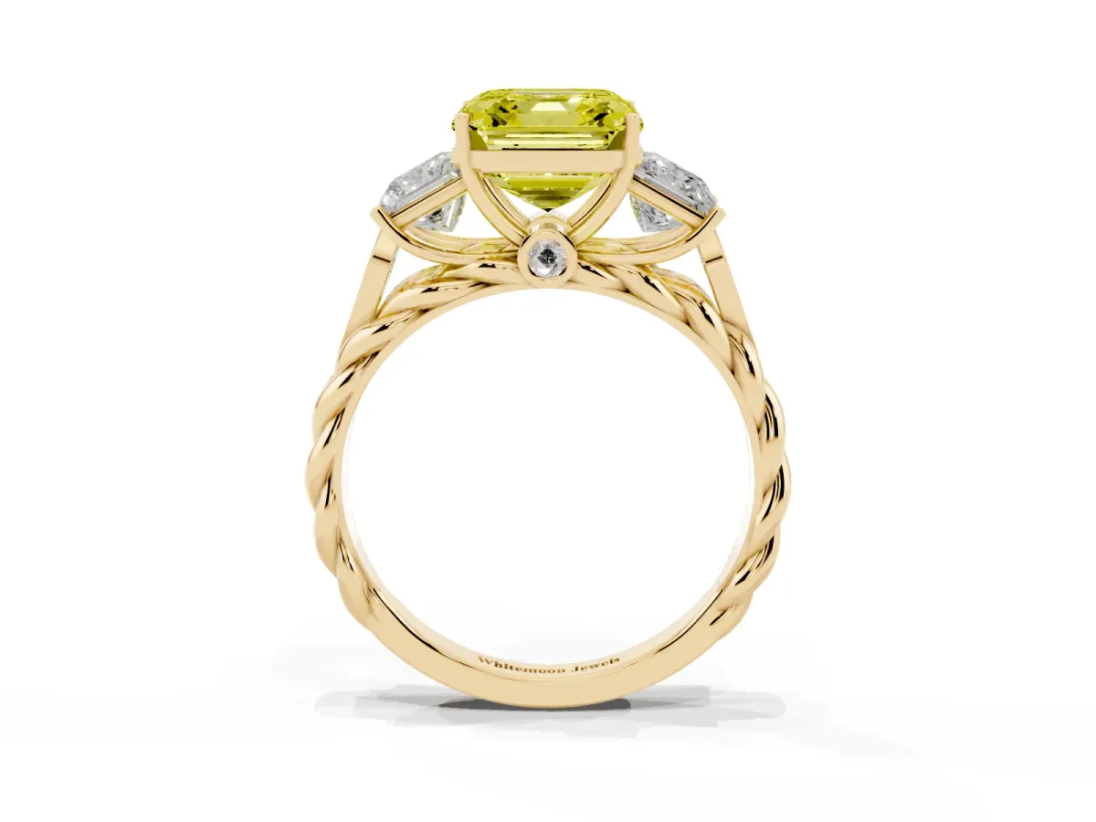 Fancy Yellow Three-Stone Asscher Cut Diamond Braided Band Ring with Four-Prong Setting Yellow gold