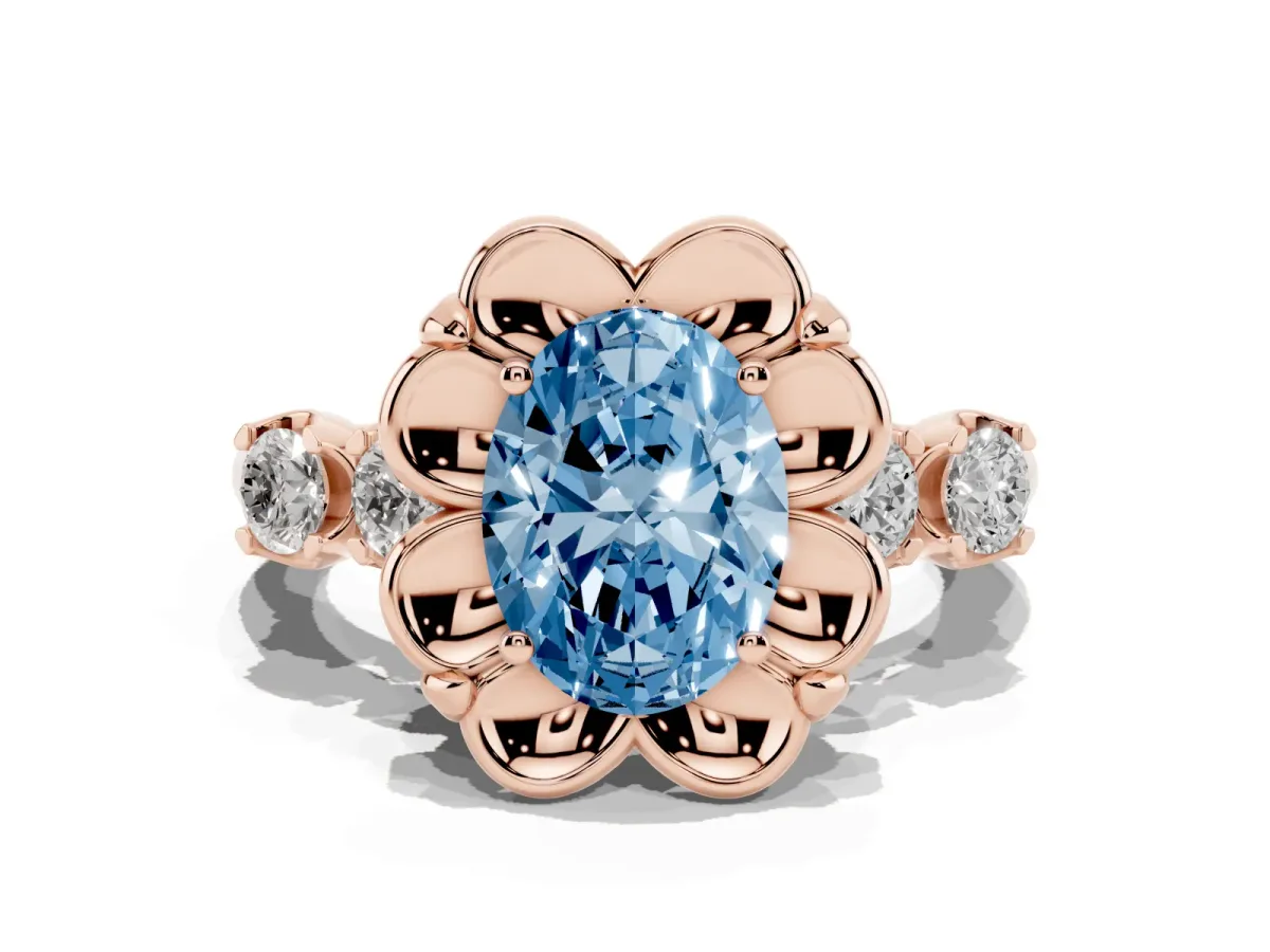 Fancy Blue Oval Cut Cut Diamond Floral Halo Engagement Ring with Shared Prong Setting Rose gold