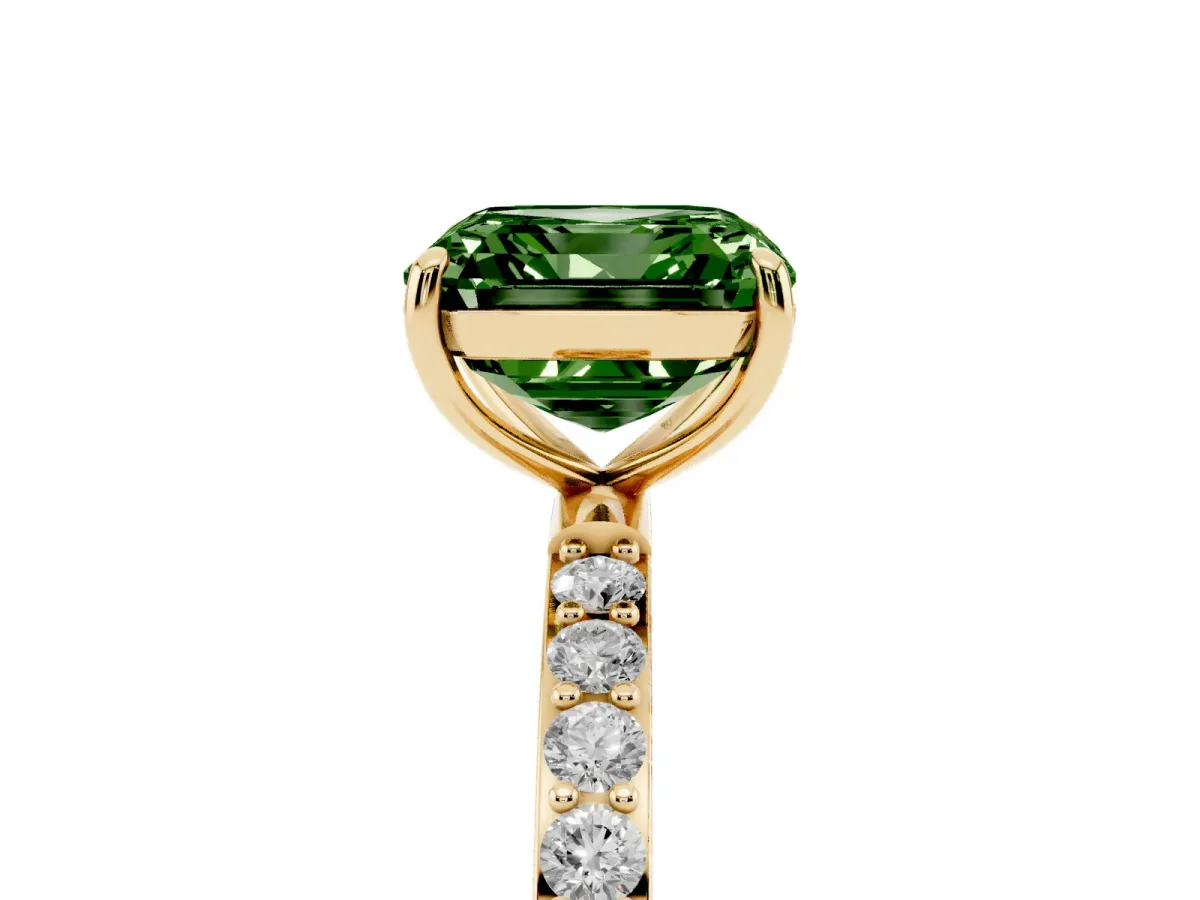 Fancy Green Asscher Cut Diamond Solitaire Ring with Round Pavé Shoulders and Prong Setting Yellow gold