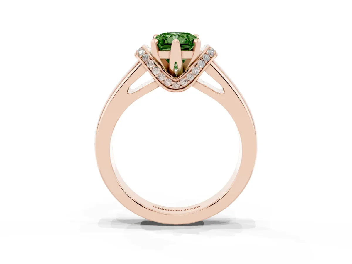 Fancy Green Radiant Cut Solitaire Diamond Ring with Pave Band and Six-Prong Setting Rose gold