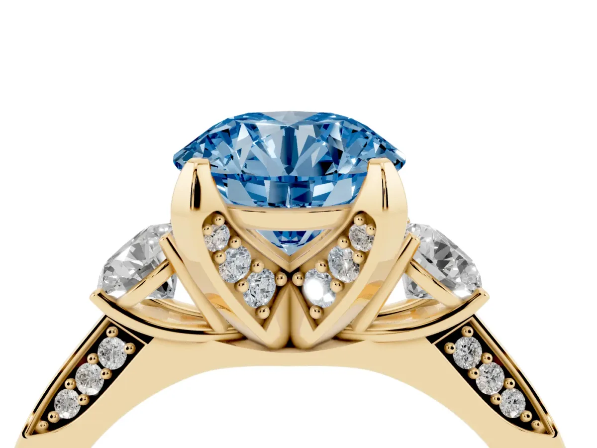 Fancy Blue Round Cut Brilliant Three-Stone Diamond Ring with Pavé Band and Four-Prong Setting Yellow gold