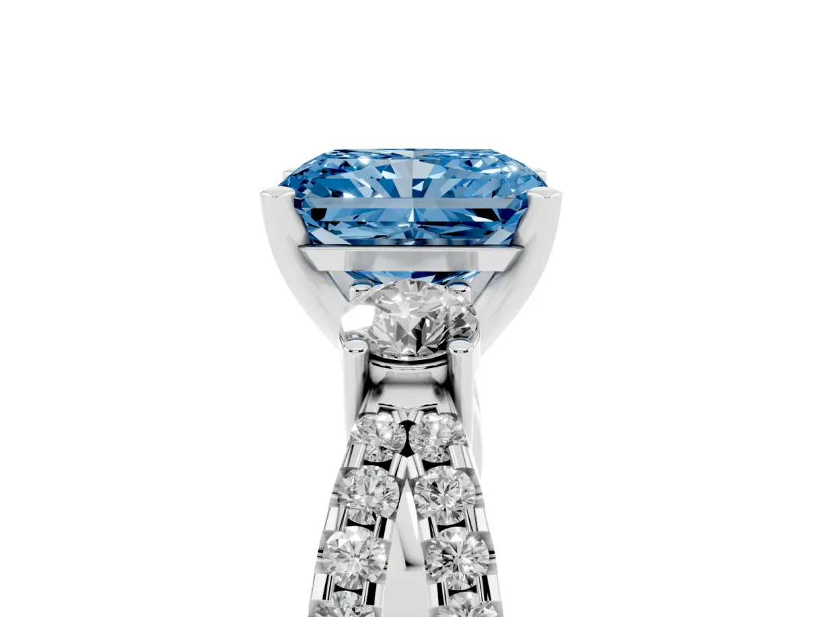 Fancy Blue Radiant Cut Diamond Three-Stone Ring with Pavé Split Shank and Four-Prong Setting White gold