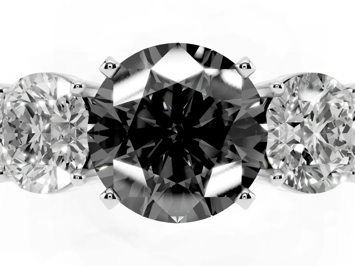 Fancy Black Three-Stone Round Cut Diamond Ring with Round Side Stones, Classic Band, and Four-Prong Setting Platinum