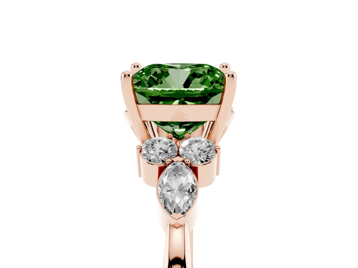 Fancy Green Cushion Cut Brilliant Diamond Solitaire Ring with Pear Side Stones and Four-Prong Setting Rose gold