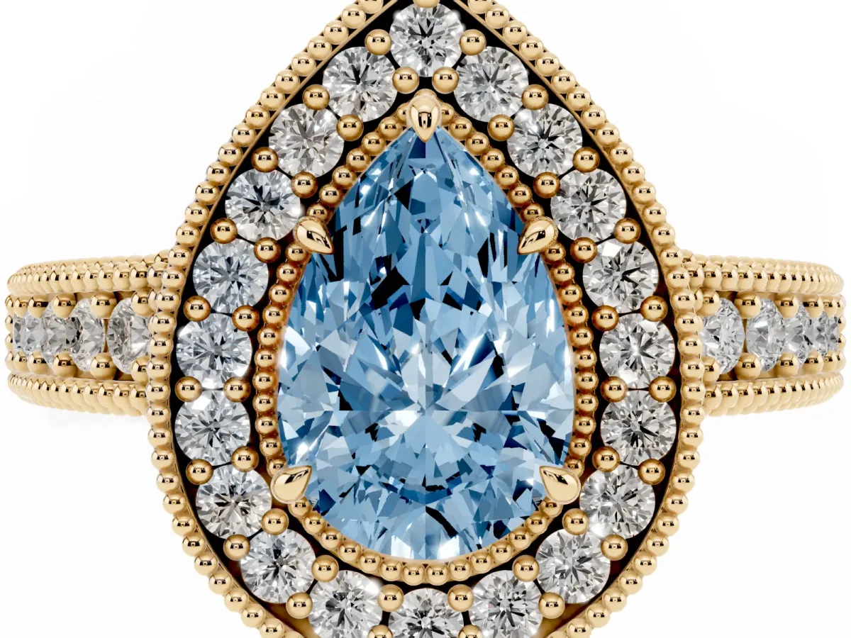 Fancy Blue Pear Cut Cut Halo Diamond Ring with Pavé Band and Four-Prong Setting Yellow gold