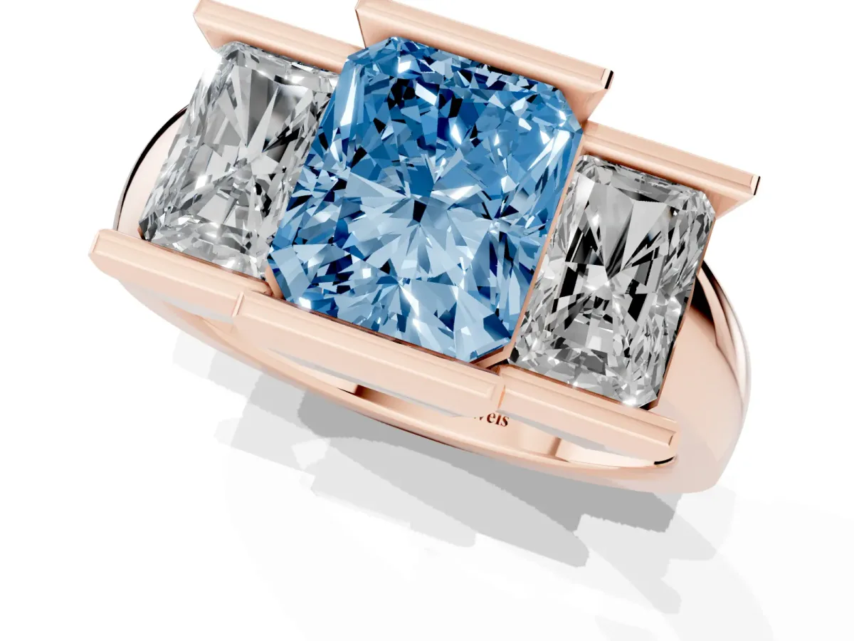 Fancy Blue Three Stone Radiant Cut Cut Channel Set Diamond Ring Rose gold