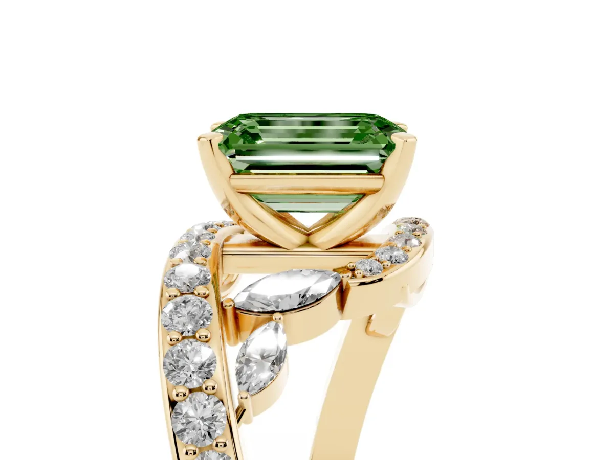 Fancy Green Emerald Cut Solitaire with Pavé Twist Band and Four-Prong Setting Yellow gold