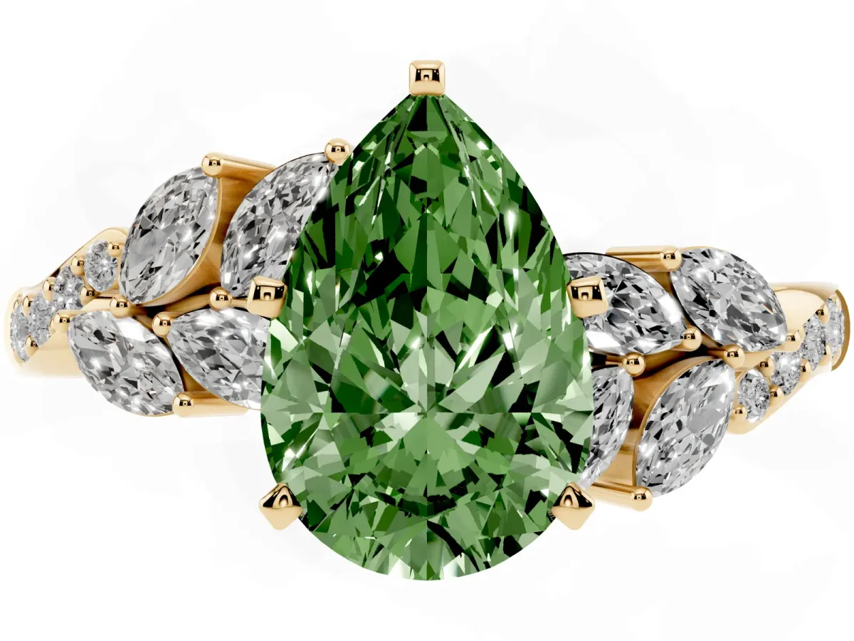 Fancy Green Pear Cut Solitaire Marquise Twist Band with Six-Prong Setting Yellow gold