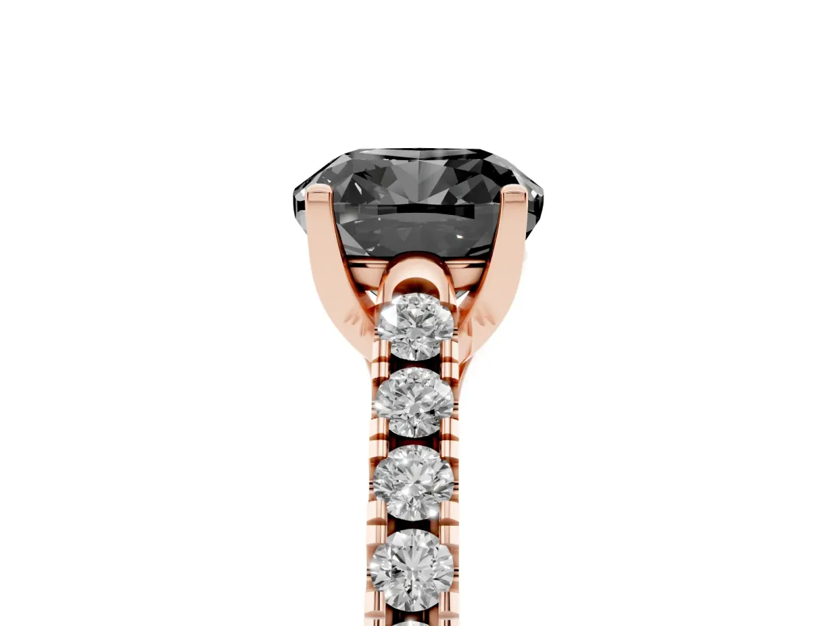 Fancy Black Cushion Cut Diamond Pavé Band Solitaire Ring with Prong Setting Rose gold