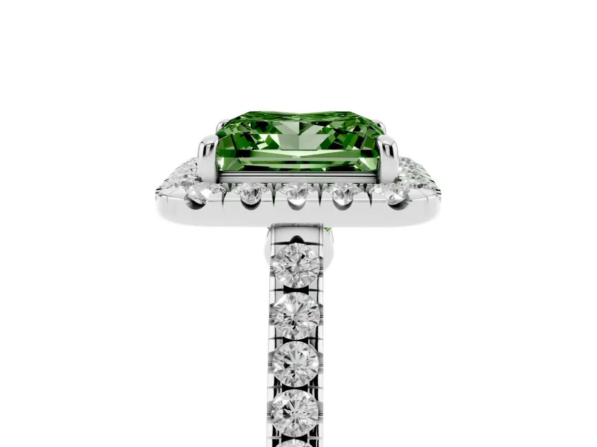 Fancy Green Princess Cut Halo Pave Diamond Engagement Ring with Four-Prong Setting Silver