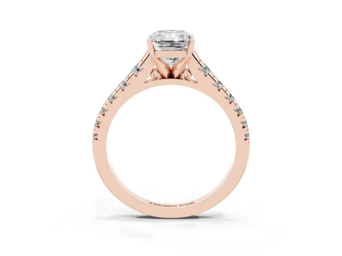 Radiant Cut Diamond Cathedral Solitaire Ring with Round Pavé Band Rose gold