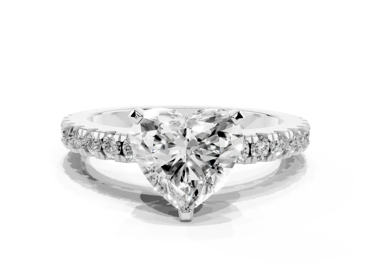 Heart Cut Solitaire Diamond with Pavé Band and Four-Prong Setting Silver