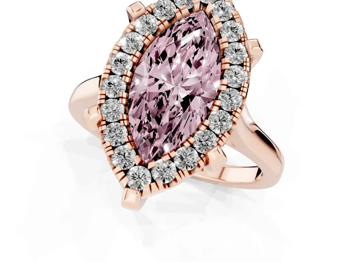 Fancy Pink Marquise Cut Diamond Cluster Halo Solitaire with Four-Prong Setting Rose gold