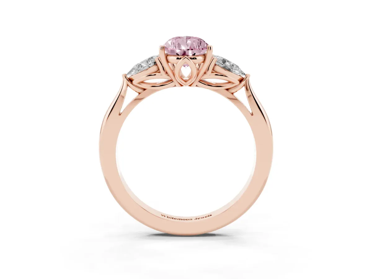 Fancy Pink Pear Cut Diamond Three-Stone Ring with Pear Side Stones and Prong Setting Rose gold