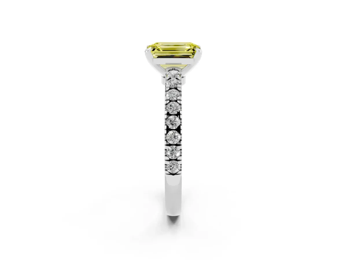 Fancy Yellow Emerald Cut Solitaire Diamond with Pavé Band and Four-Prong Setting Silver
