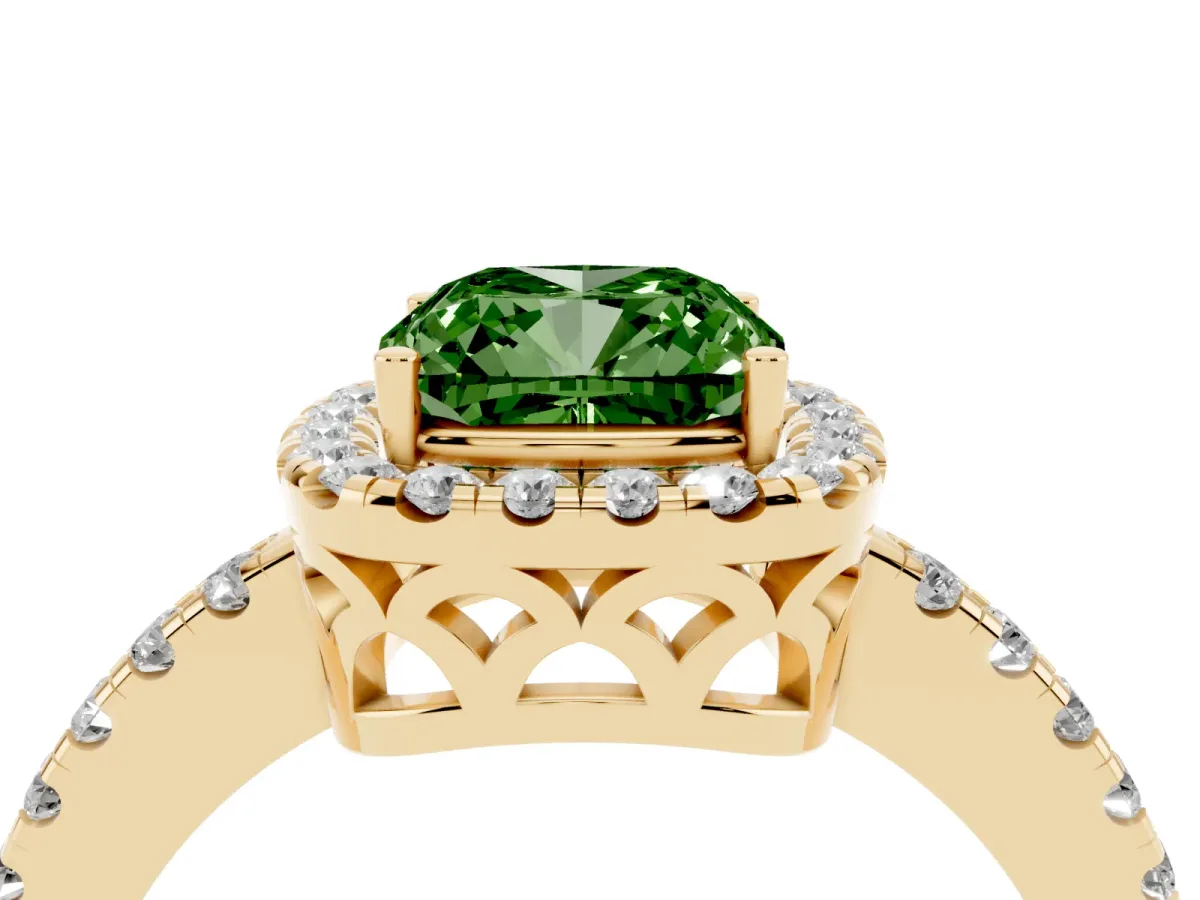 Fancy Green Cushion Cut Halo Diamond Engagement Ring with Pavé Band and Four-Prong Setting Yellow gold