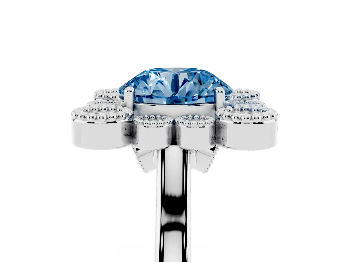 Fancy Blue Round Cut Halo Diamond Cluster Engagement Ring with Milgrain Bezel Setting and Solitaire Band Platinum