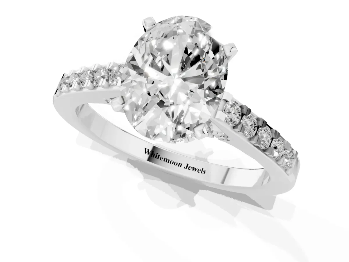 Oval Cut Diamond Solitaire Ring with Crossover Gallery and Round Pavé Band White gold