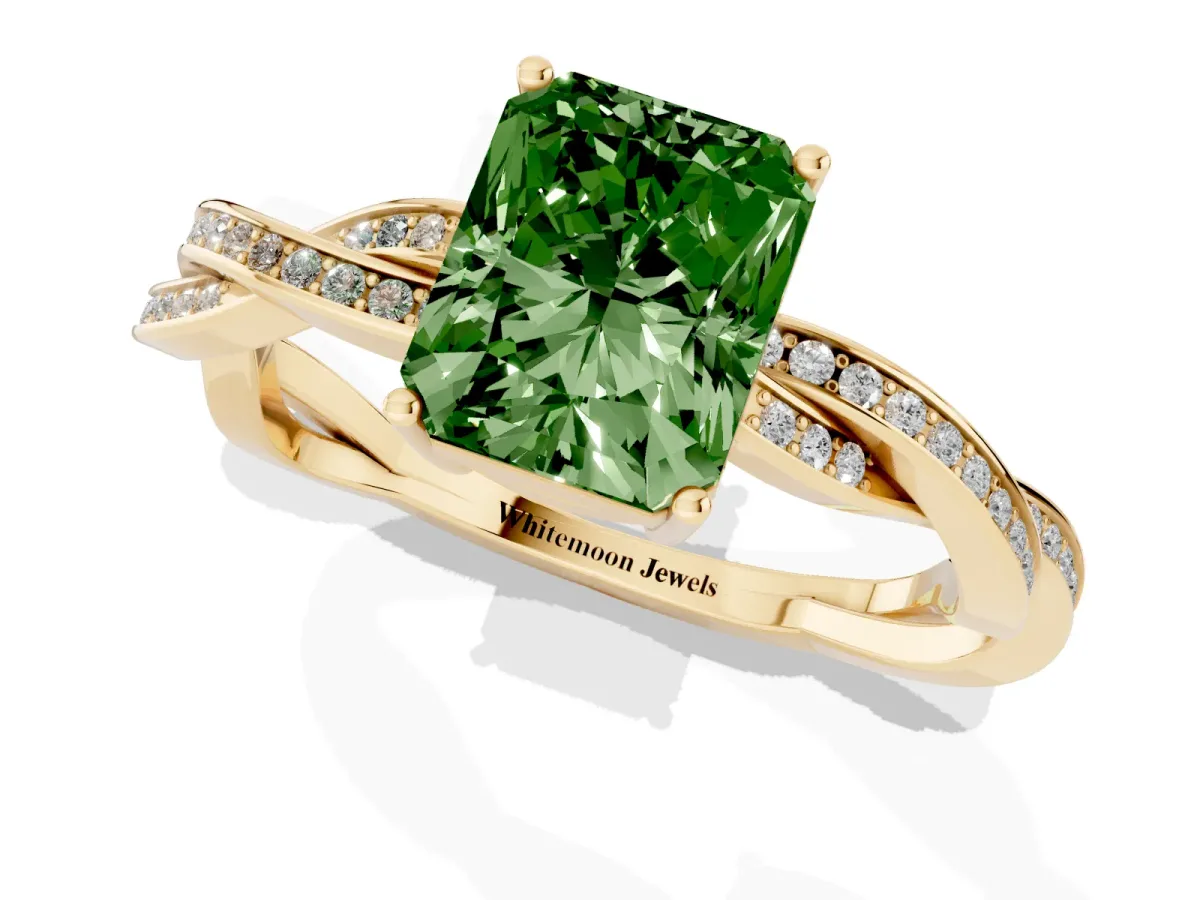 Fancy Green Radiant Cut Solitaire Twisted Pave Diamond Ring with Four-Prong Setting Yellow gold
