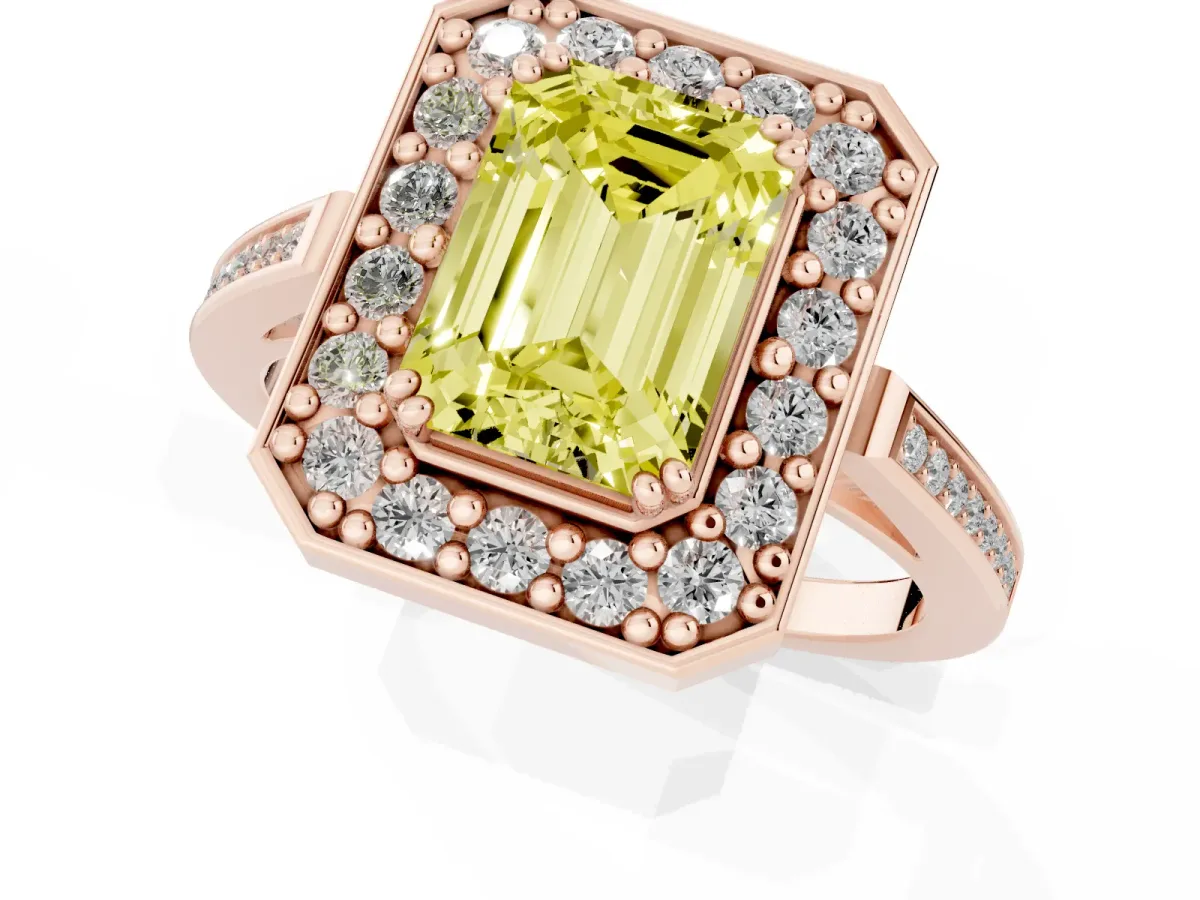 Fancy Yellow Emerald Cut Diamond Halo Ring with Split Shank and Four-Prong Setting Rose gold