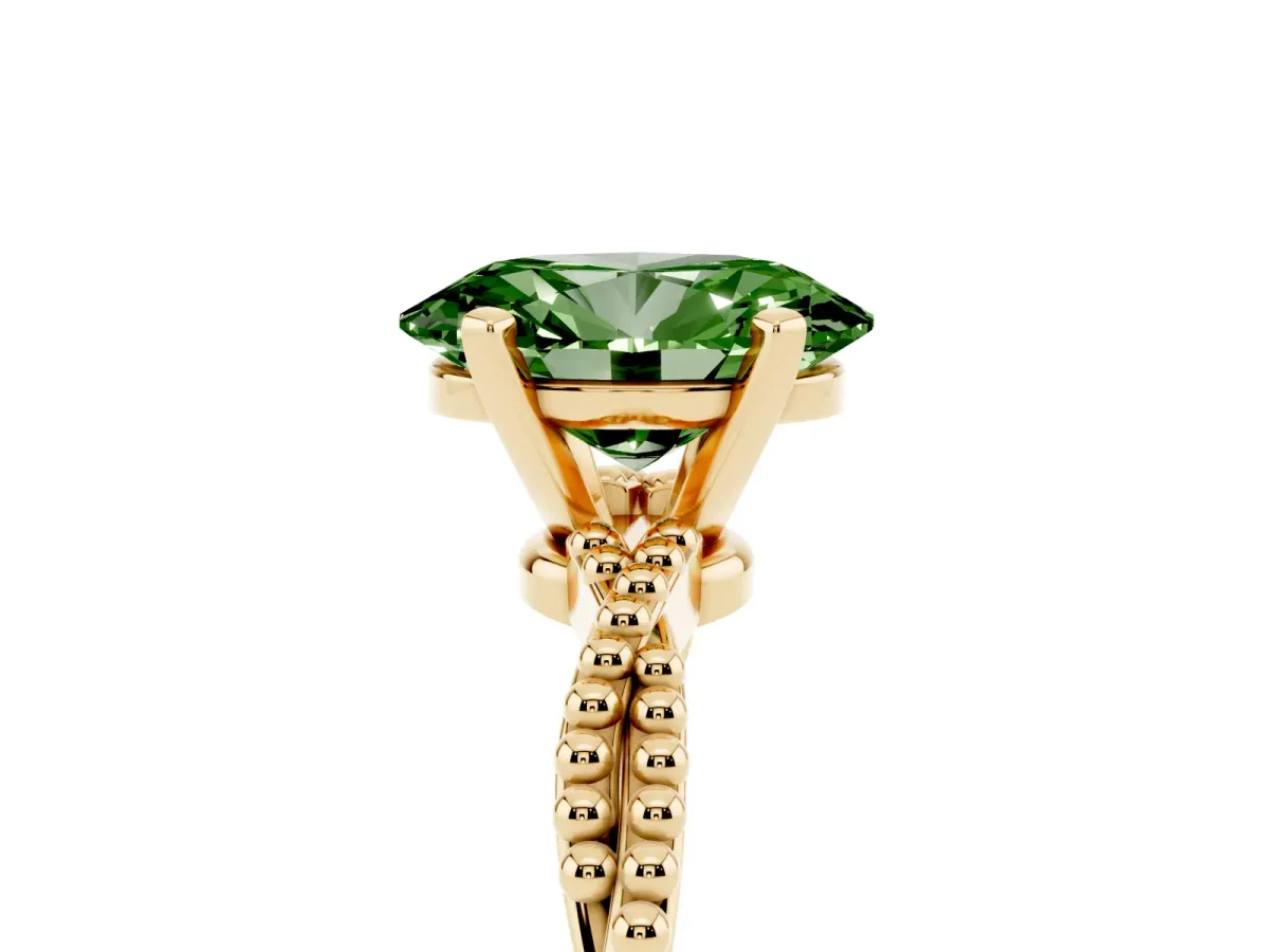 Fancy Green Oval Cut Solitaire Twisted Band with Bead Prong Setting Yellow gold