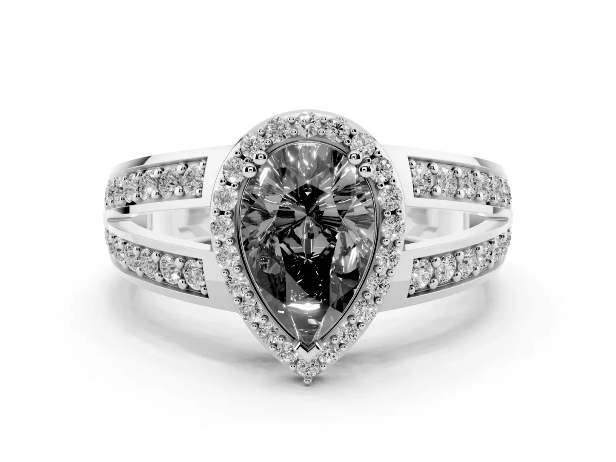 Fancy Black Pear Cut Diamond Halo Ring with Split Shank Pavé Band and Four-Prong Setting Silver