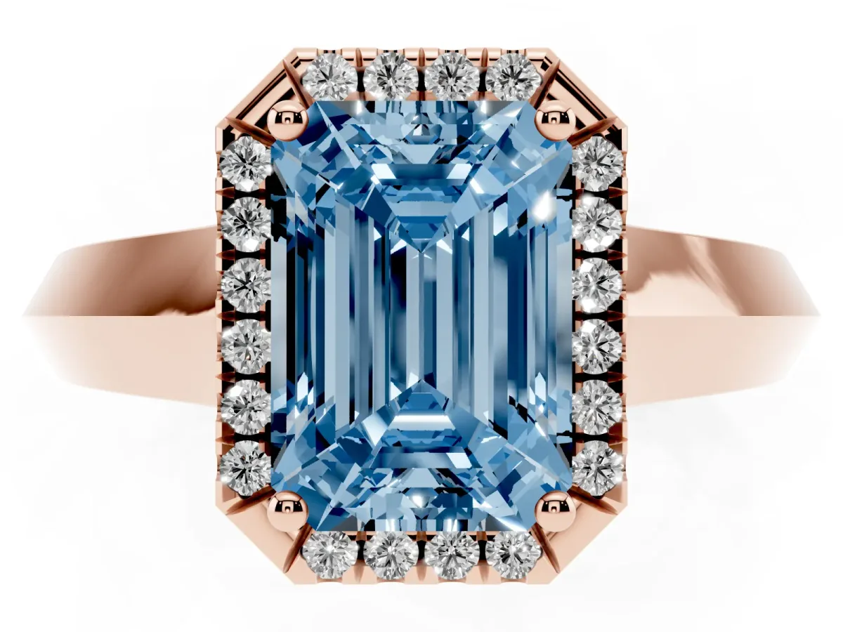 Fancy Blue Emerald Cut Halo Diamond Ring with Cathedral Band and Four-Prong Setting Rose gold