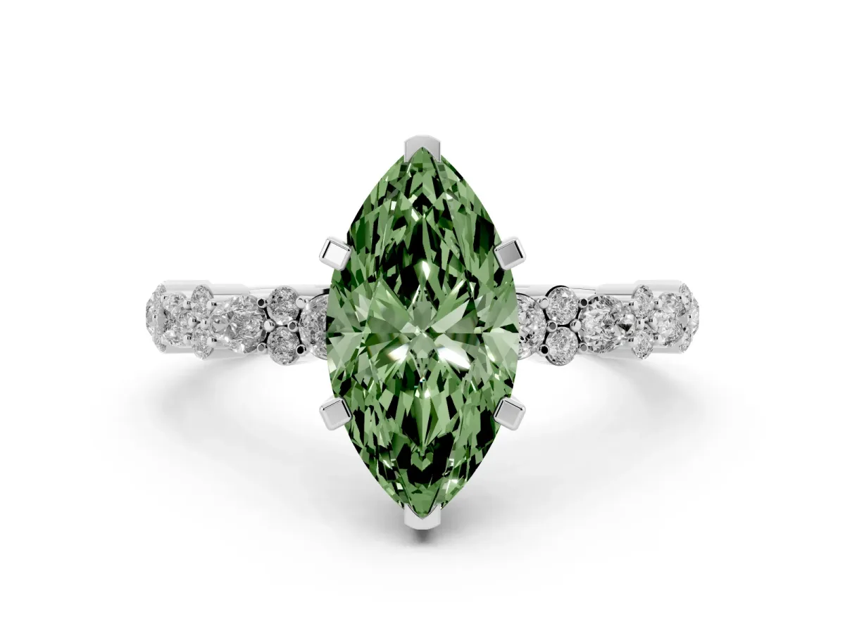 Fancy Green Marquise Cut Diamond Side Stone Solitaire Ring with Round and Four-Prong Setting Silver