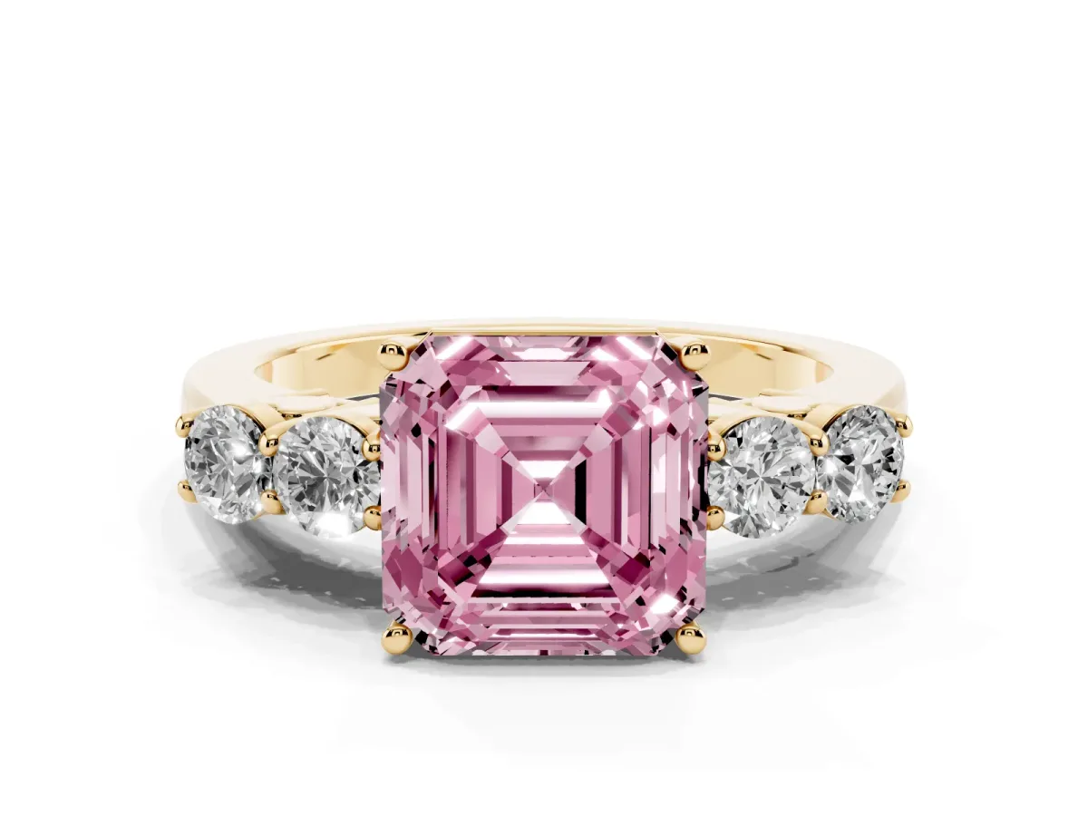 Fancy Pink Asscher Cut Cut Diamond Five-Stone Prong Set White Gold Ring Yellow gold