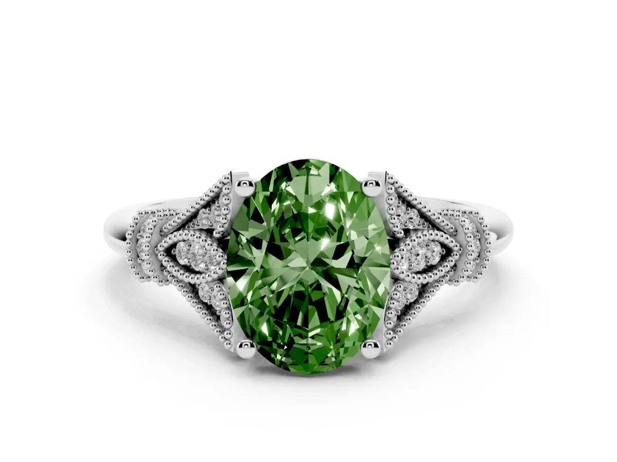 Fancy Green Oval Cut Diamond Solitaire Ring with Floral Filigree and Pave Accents Silver