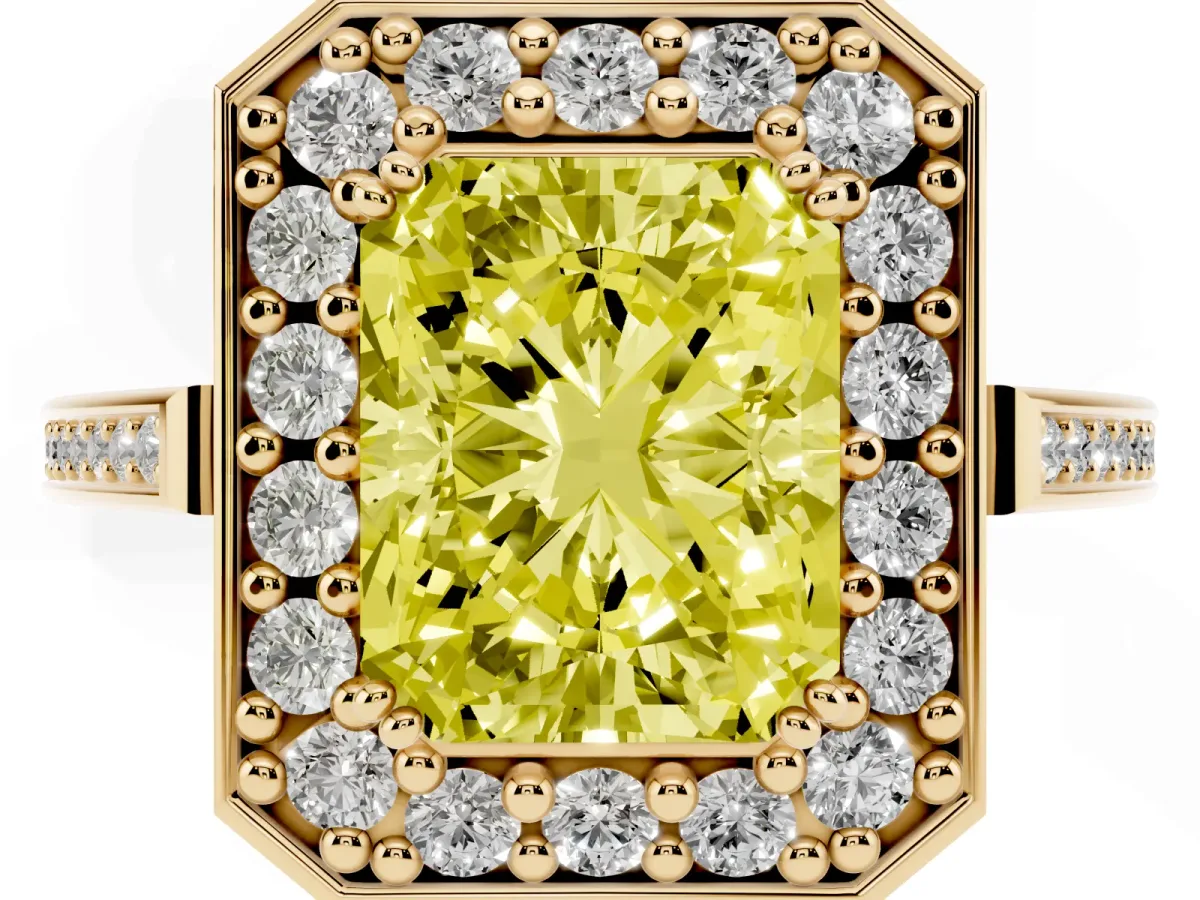 Fancy Yellow Radiant Cut Diamond Halo Ring with Split Shank and Four-Prong Setting Yellow gold