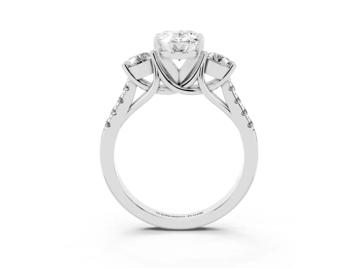 Three-Stone Oval Cut Diamond Pavé Band with Four-Prong Setting Silver
