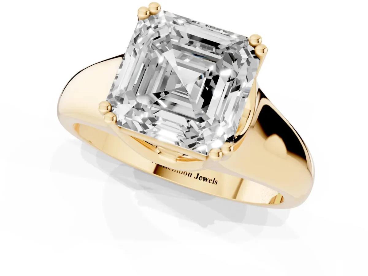 Asscher Cut Diamond Solitaire Ring with Wide Band and Prong Setting Yellow gold