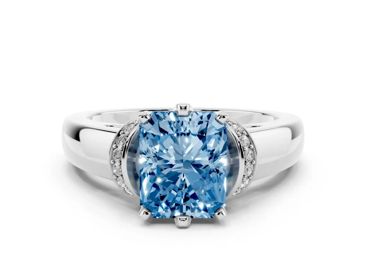 Fancy Blue Radiant Cut Solitaire Diamond Ring with Pave Band and Six-Prong Setting Silver