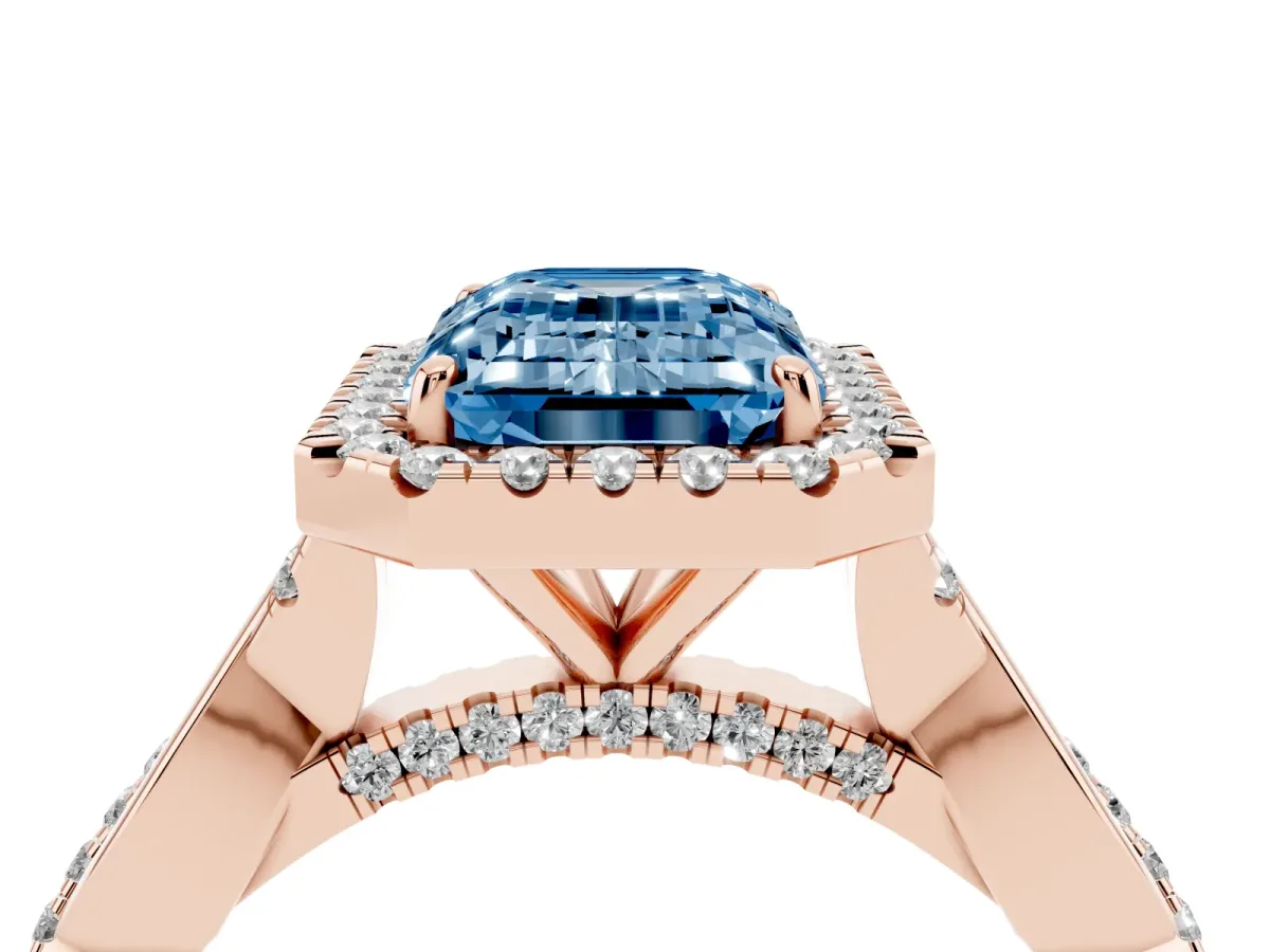 Fancy Blue Emerald Cut Halo Twist Band Solitaire Ring Rose gold