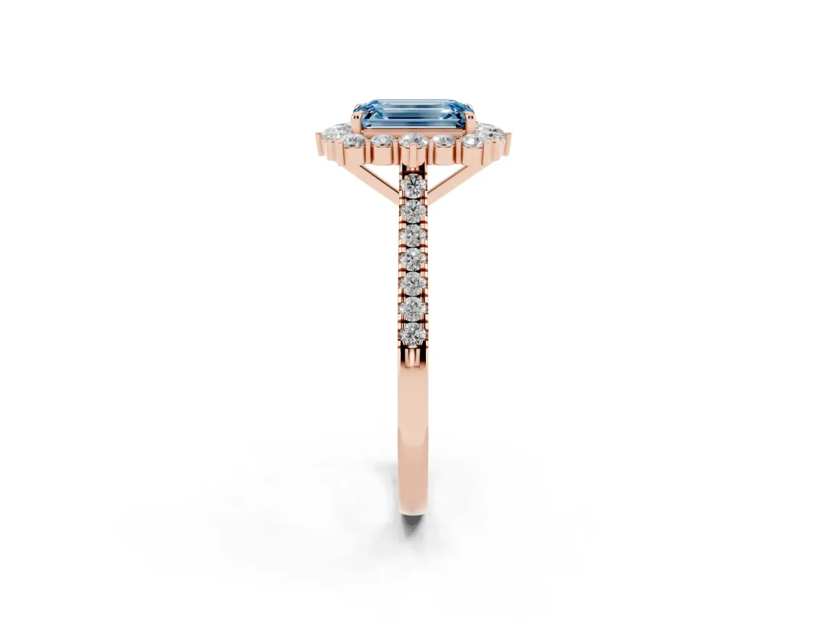 Fancy Blue Emerald Cut Halo Diamond Ring with Pavé Band and Prong Setting Rose gold