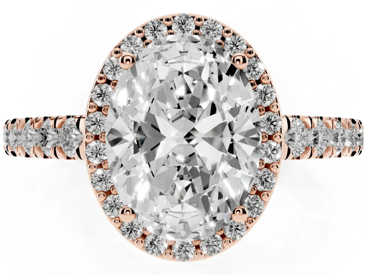 Oval Cut Cut Halo Diamond Engagement Ring with Pave Band and Four-Prong Setting Rose gold