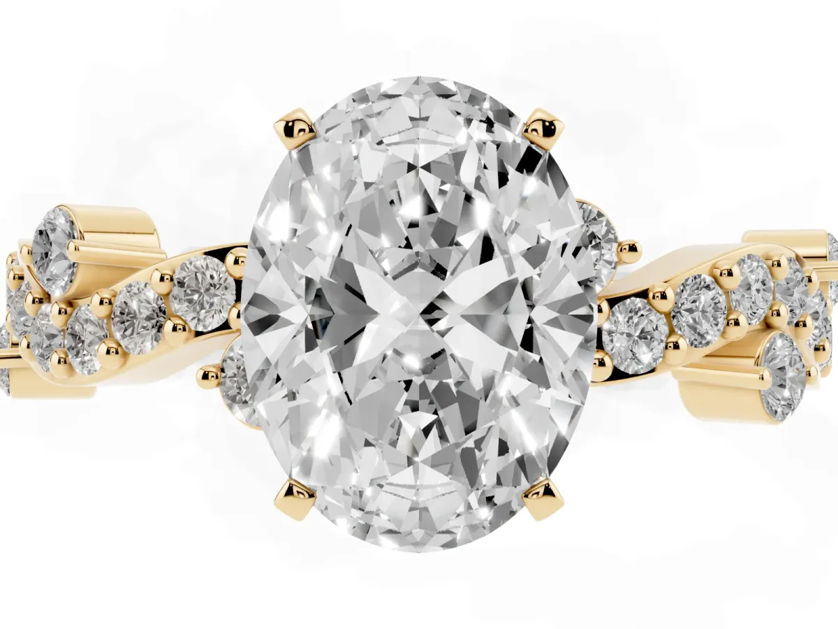 Oval Cut Cut Solitaire Diamond Twisted Band with Pave Setting Yellow gold
