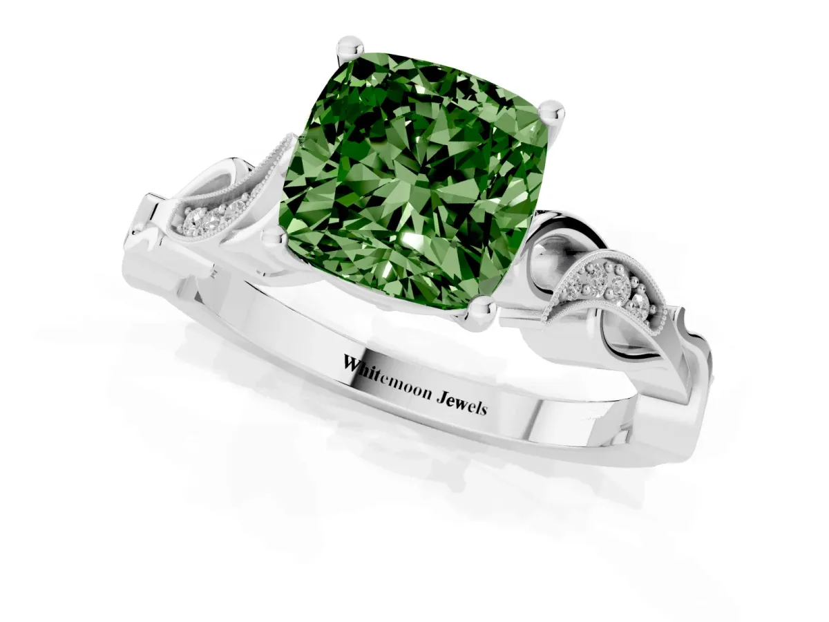 Fancy Green Cushion Cut Solitaire Vine Band with Milgrain Prong Setting Platinum