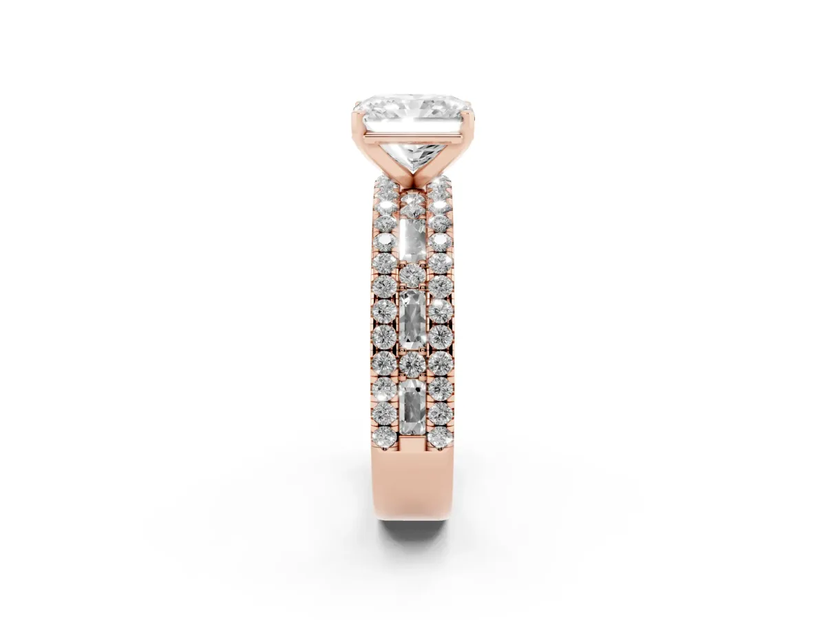 Radiant Cut Diamond Solitaire Ring with Pavé and Channel Set Band Rose gold