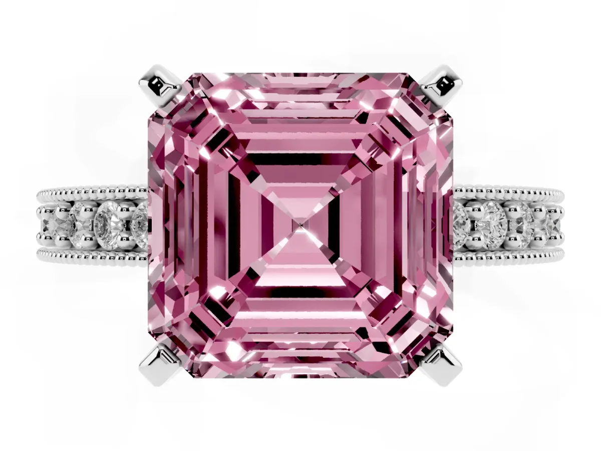 Fancy Pink Asscher Cut Diamond Milgrain Pavé Engagement Ring with Four-Prong Setting Silver