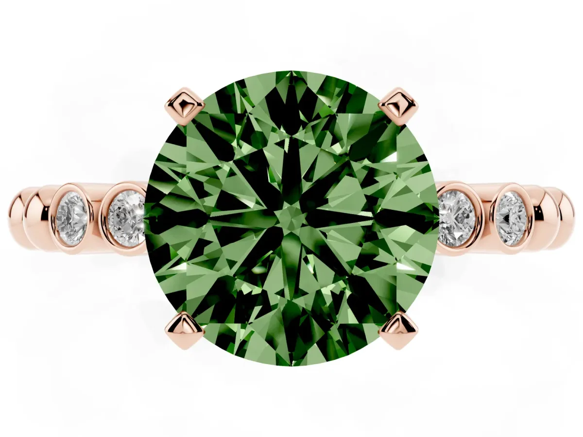 Fancy Green Round Cut Solitaire Bezel Accent Diamond Engagement Ring with Beaded Band and Four-Prong Setting Rose gold