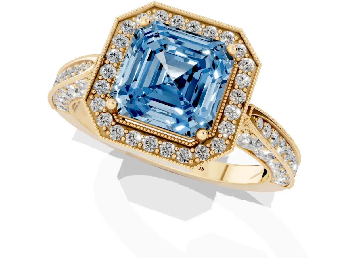 Fancy Blue Asscher Cut Halo Diamond Engagement Ring with Split Shank Band and Four-Prong Setting Yellow gold