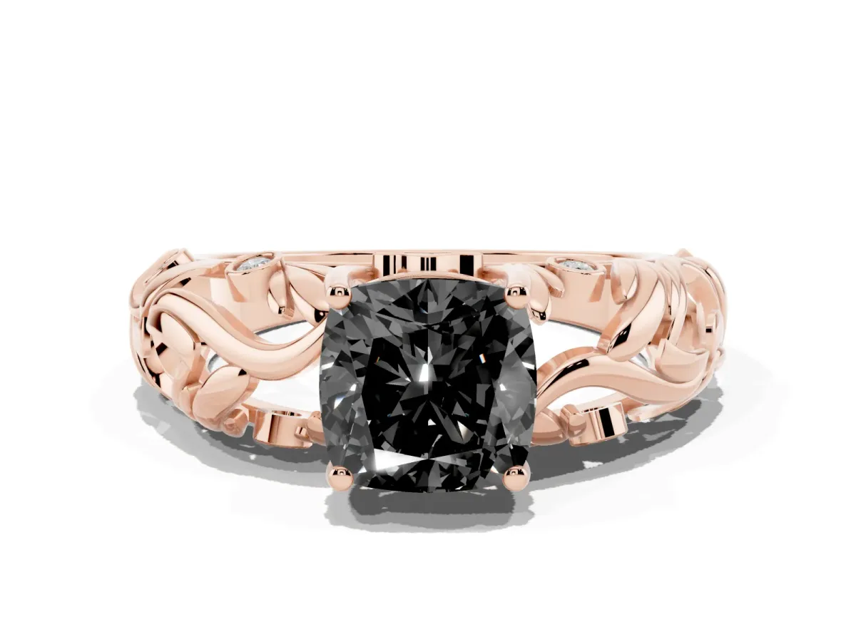 Fancy Black Cushion Cut Solitaire Diamond Leaf-Inspired Vine Band Ring with Prong Setting Rose gold
